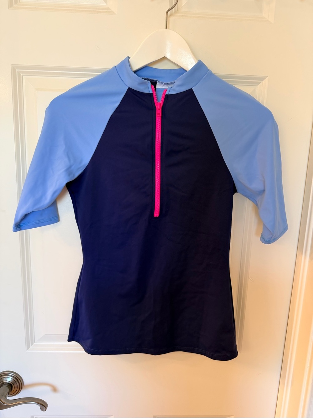 Boden Navy Rash Guard with Light Blue Half Sleeves and Pink Zip